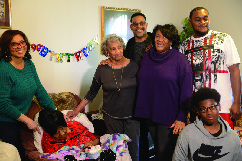 Five generations of Edna Runyon’s family pose with her during the Jan. 25 birthday gathering in Magnolia. Pictured (standing, L-R) are Sandra McKeller Smith (granddaughter), Alice McKeller (daughter), Greg McKeller (grandson), Regina Turner (granddaughter), Reggie McDonald (great-grandson), and “Little” Reggie McDonald (great-great-grandson).