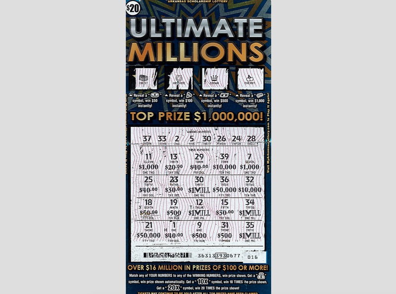 A $1 million-winning Ultimate Millions ticket is shown in this photo released by the Arkansas Scholarship Lottery.