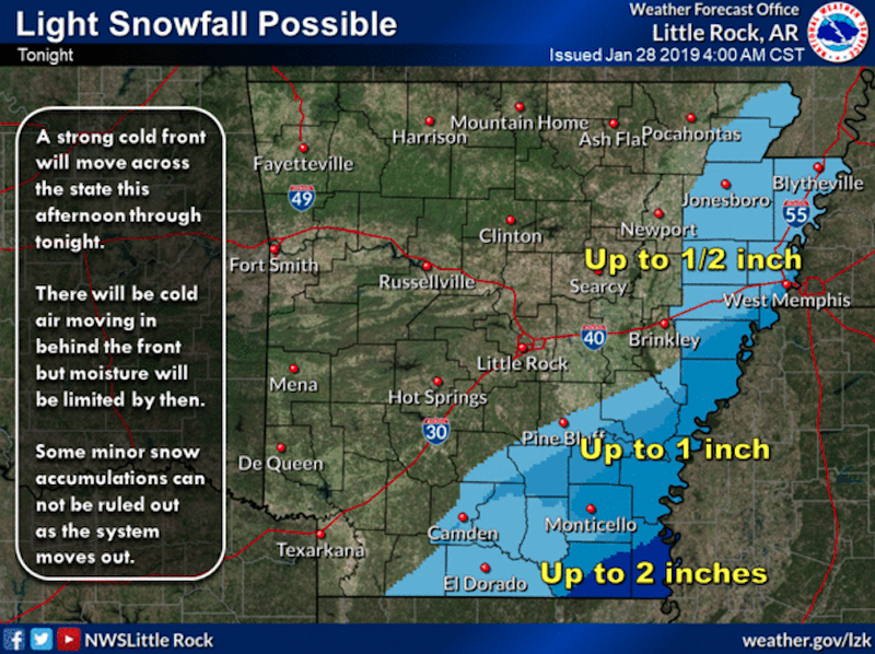 Cold front to bring chance for snow to parts of Arkansas, forecasters