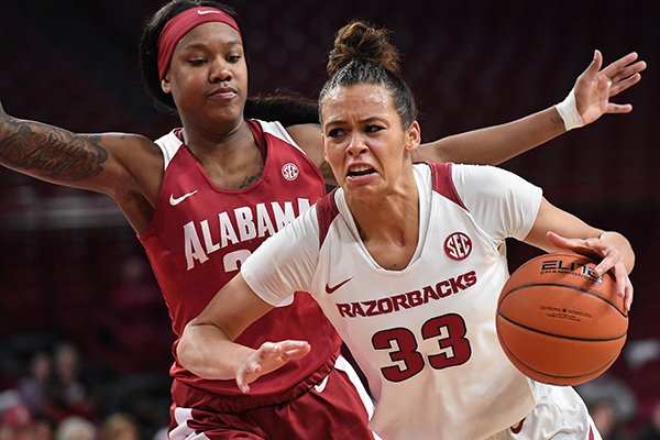 Arkansas' Chelsea Dungee drives past Alabama's Shaquera Wade during a game Thursday, Jan. 24, 2019, in Fayetteville. The Razorbacks won 72-61. 