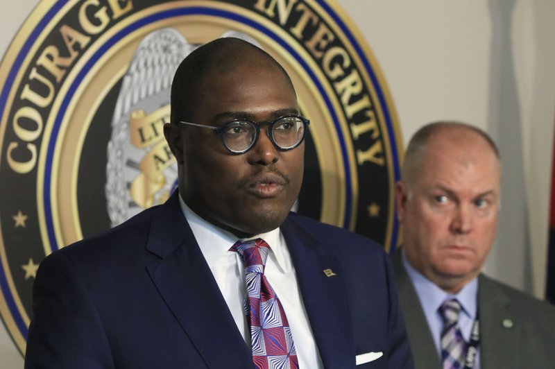 FILE — Mayor Frank Scott, Jr., left, along with interim Little Rock Police Chief Wayne Bewley speaks during a news conference at Little Rock Police Department headquarters.
