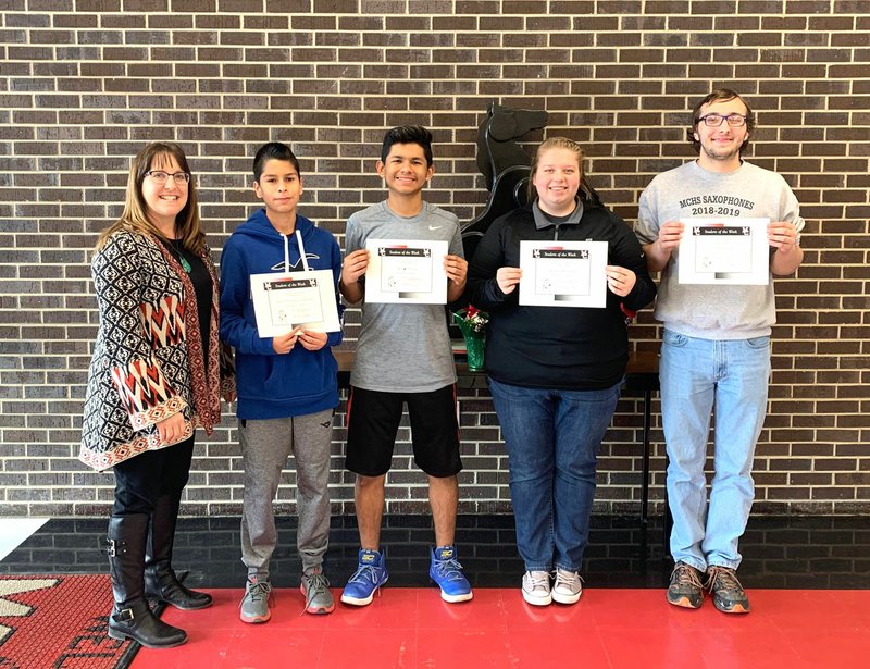 Photo Submitted MCHS Students for the week of Jan. 21 through Jan. 25 are pictured with their principal, Mrs. Holloway (left). They are freshman Bryan Montero-Gutierrez, sophomore Alexis Pedroza, junior Autumn Hottinger and senior Andrew Franks.