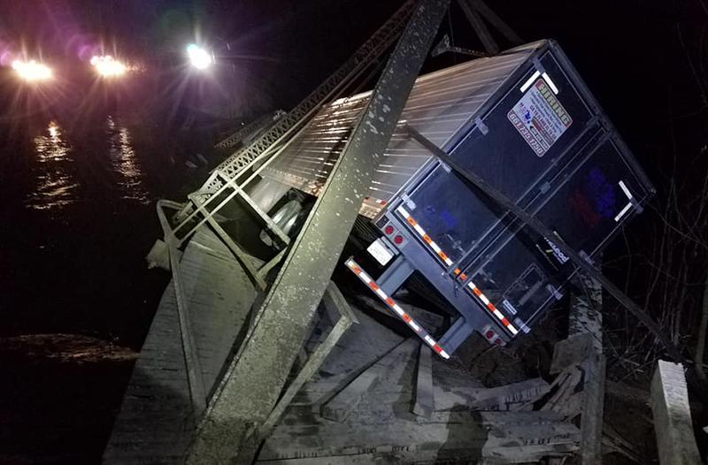 The Dale Bend Bridge near Ola collapsed the night of Jan. 30, 2019 as a truck attempted to cross it, the Yell County sheriff's office said. (Photo by Trisha Holt)

