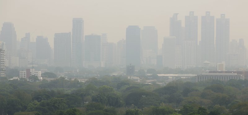 A thick layer of smog covers Lumpini Park in central Bangkok, Thailand, Thursday, Jan. 31, 2019. A fleet of drones, trucks and small planes are spraying water to try to reduce dust around Bangkok while the governor invited critics to brainstorm better ideas to improve the air quality in the Thai capital. (AP Photo/Wally Santana)