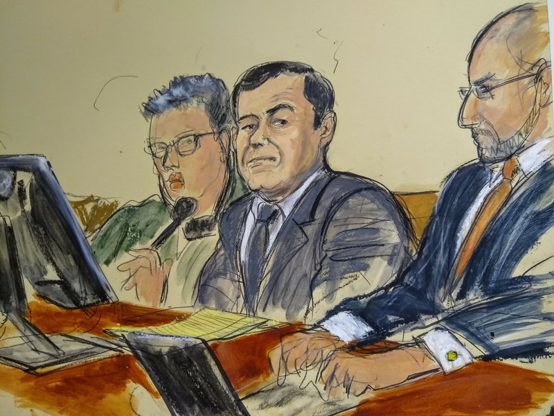 In this courtroom sketch, Joaquin "El Chapo" Guzman, center, listens as a prosecutor delivers closing arguments during his trial, Wednesday, Jan. 30, 2019, in New York. Guzman was portrayed Wednesday in closing arguments at his U.S. trial as a ruthless Mexican drug lord who also became skilled at evading capture and escaping prison because he feared facing justice on American soil. (Elizabeth Williams via AP) story.lead_photo.caption