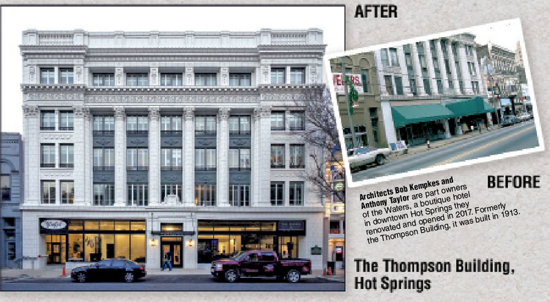 Architects Bob Kempkes and Anthony Taylor are part owners of the Waters, a boutique hotel in downtown Hot Springs they renovated and opened in 2017. Formerly the Thompson Building, it was built in 1913. (Arkansas Democrat-Gazette photo illustration/KIRK MONTGOMERY)