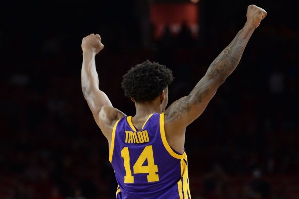 LSU guard Marlon Taylor celebrates Friday, Jan. 11, 2019, after the Tigers' win over Arkansas in Bud Walton Arena in Fayetteville. Visit nwadg.com/photos to see more photographs from the game.