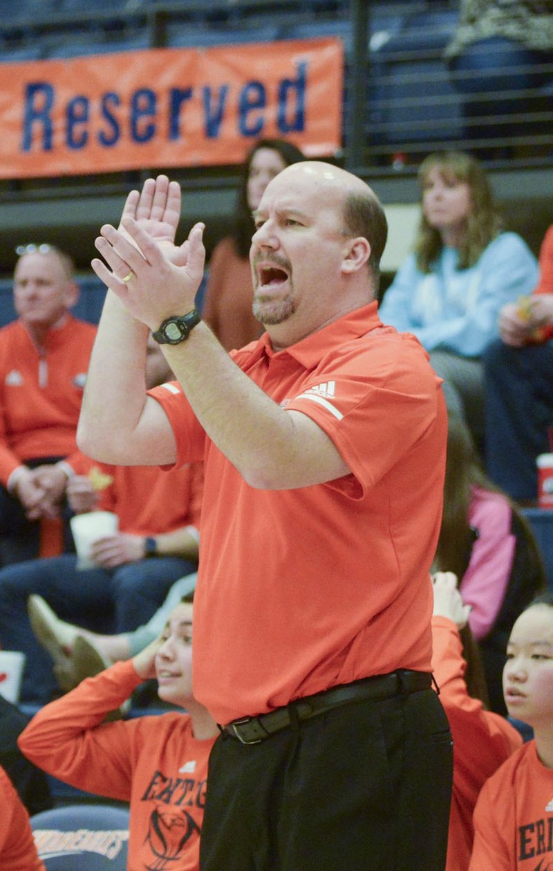 NWA Democrat-Gazette/CHARLIE KAIJO Rogers Heritage High School head coach Scott Moore calls out to his players during a basketball game, Friday, February 1, 2019 at War Eagle Arena at Rogers Heritage High School in Rogers.