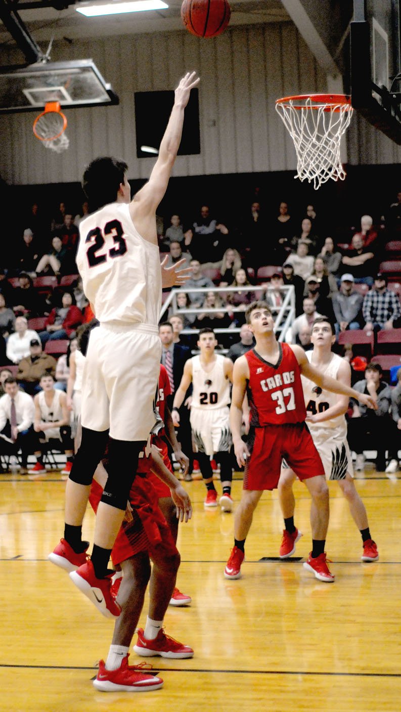 Mark Humphrey Special to the Times/Pea Ridge junior Wes Wales elevates his 6-feet-5 frame to get off a shot against Farmington. The Cardinals held off the Blackhawks, 46-44, on Tuesday, Jan. 29, 2019 at Blackhawk Gymnasium.