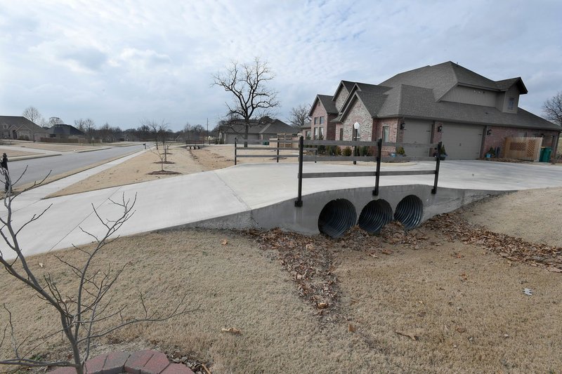 NWA Democrat-Gazette/J.T. WAMPLER Houses along King Arthur Dr. in Springdale have driveways built over a drainage ditch Tuesday Feb. 5, 2019. The city is planning a new park nearby.