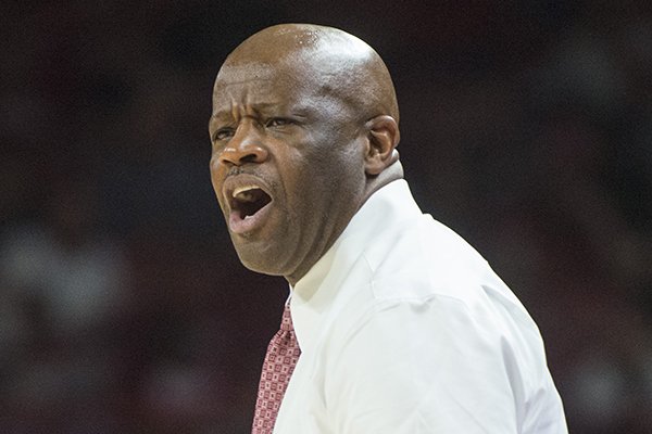 Arkansas coach Mike Anderson is shown on the sideline during a game against Vanderbilt on Tuesday, Feb. 5, 2019, in Fayetteville. 