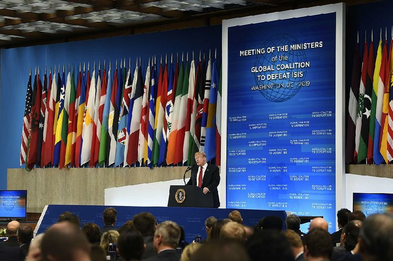 President Donald Trump speaks at the Global Coalition to Defeat ISIS meeting at the State Department on Wednesday in Washington. 