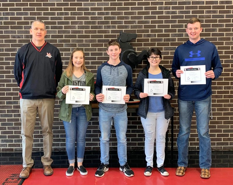 Photo Submitted MCHS Students chosen for the week of Jan. 28 through Feb. 1 are pictured with their assistant principal, Mr. Wilkie (left); freshmen Kirklyn Kasischke; sophomore Jordan Meador; junior Rylie Hackett and senior Charles Moore.