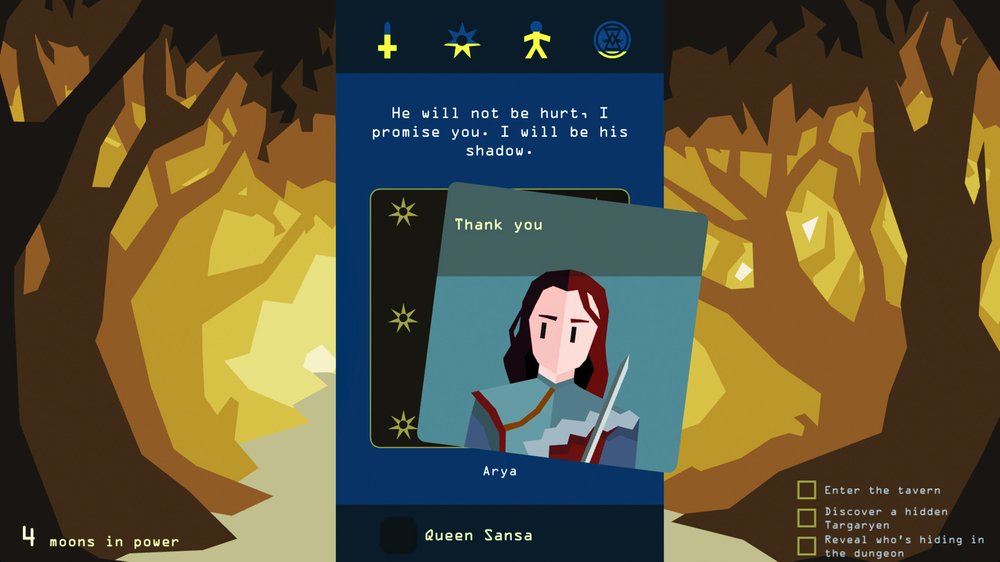 Reigns: Game of Thrones is a strategy role-playing mobile game in which the player sets scenarios — and their consequences — by swiping right or left. (Nerial/Devolver Digital)