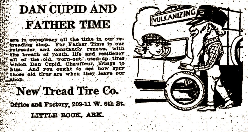 The New Tread Tire Co. of Little Rock advertised its partnership with Dan Cupid and Father Time in the April 13, 1919, Arkansas Gazette. (Arkansas Democrat-Gazette)