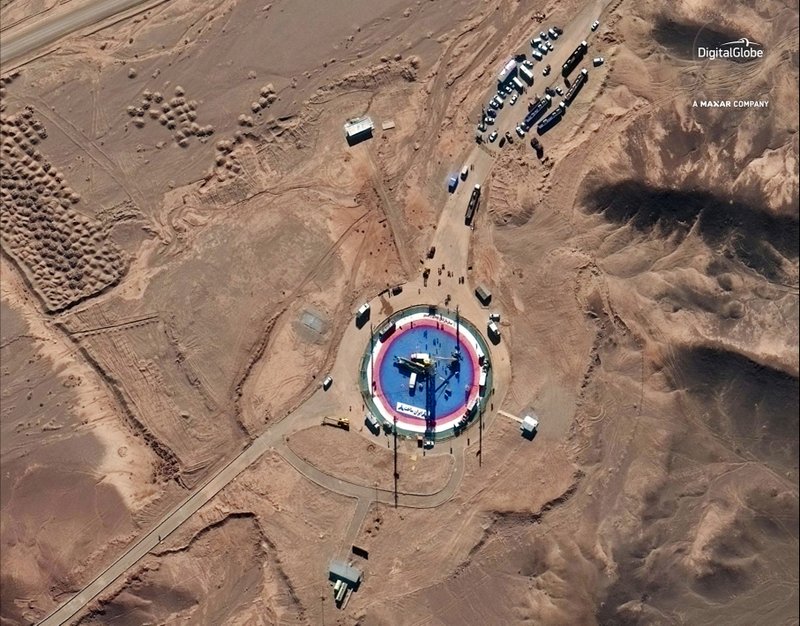 This Feb. 5, 2019, satellite image provided by DigitalGlobe&#xa0;shows a missile on a launch pad and activity at the Imam Khomeini Space Center in Iran's Semnan province. Iran appears to have attempted a second satellite launch despite U.S. criticism that its space program helps it develop ballistic missiles, satellite images released Thursday, Feb. 7, 2019 suggest. Iran has not acknowledged conducting such a launch. (DigitalGlobe, a Maxar company via AP)