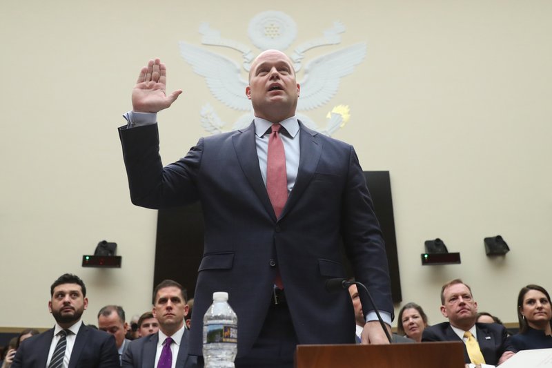 Acting Attorney General Matthew Whitaker is sworn in before the House Judiciary Committee on Capitol Hill, Friday, Feb. 8, 2019 in Washington.  (AP Photo/Andrew Harnik)

