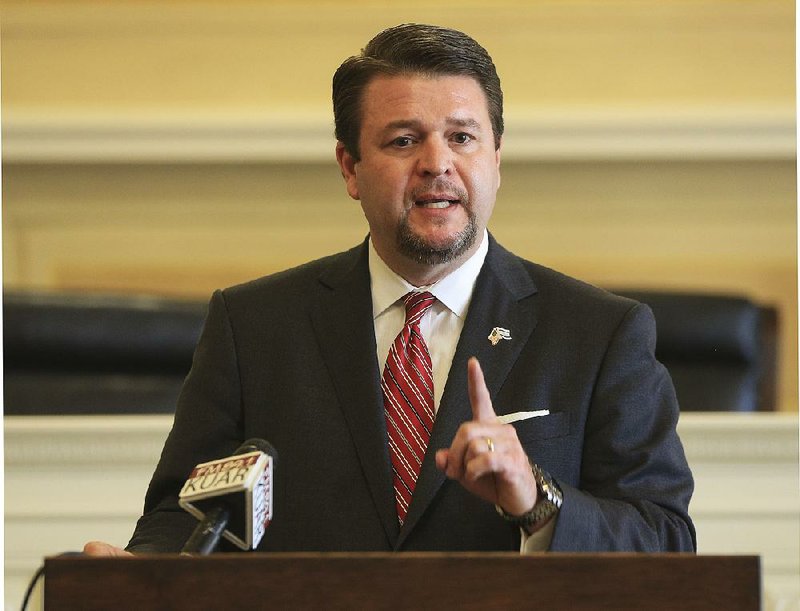 Arkansas Democrat-Gazette/STATON BREIDENTHAL --6/28/17-- Sen. Jason Rapert, R-Conway, talks Wednesday during a press conference at the state Capitol about the damage to the newly installed Ten Commandments monument. Early Wednesday a driver drove a vehicle into the newly constructed statue.