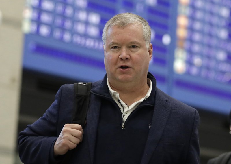 FILE - In this Feb. 3, 2019, file photo, U.S. Special Representative for North Korea Stephen Biegun arrives at Incheon International Airport in Incheon, South Korea. South Korean media says Biegun has returned Friday, Feb. 8, 2019, to South Korea after a three-day visit to Pyongyang. (AP Photo/Lee Jin-man, File)