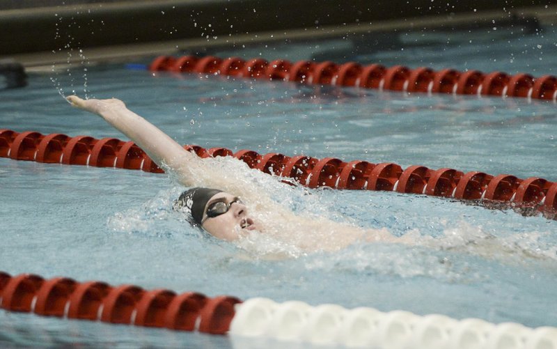 NWA Democrat-Gazette/CHARLIE KAIJO Bentonville's Zane Sutton swims the 200 yard individual medley during a swim meet, Saturday, February 9, 2019 at the University of Arkansas HYPER pool in Fayetteville.