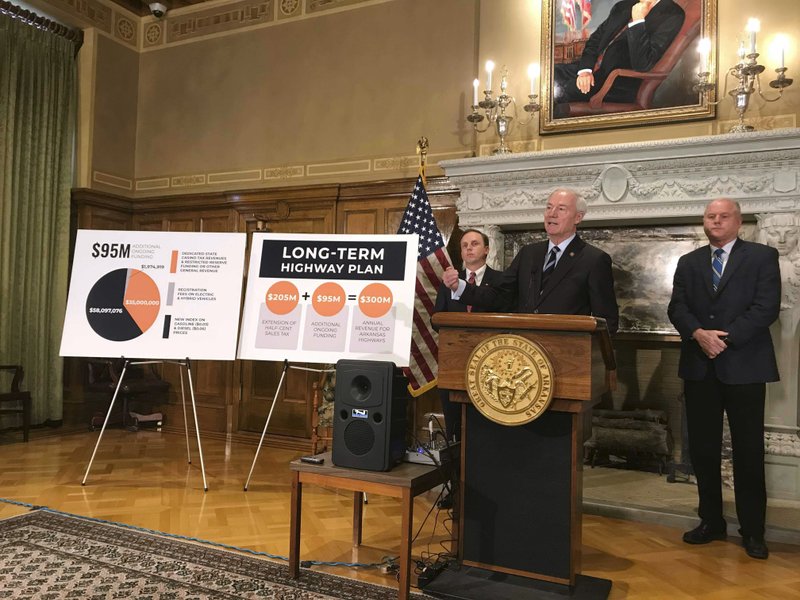 Arkansas Gov. Asa Hutchinson speaks at the state Capitol in Little Rock on Monday about his proposed highway funding plan. (AP Photo/Andrew DeMillo)

