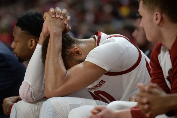 Arkansas forward Daniel Gafford reacts after a foul call against Georgia Tuesday, Jan. 29, 2019, during the first half of play in Bud Walton Arena. Visit nwadg.com/photos to see more photographs from the game.