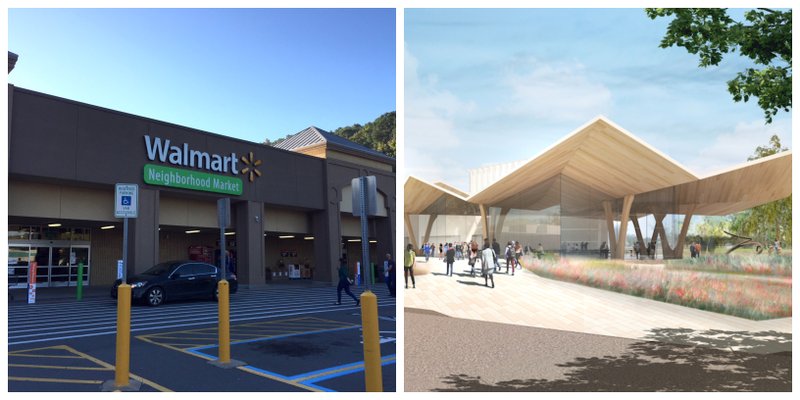 On the left, the Wal-Mart Neighborhood Market at 2510 Cantrell Road in Little Rock's Riverdale neighborhood closed in late 2017. On the right, this rendering released Tuesday, Feb. 27, 2018, shows the planned renovations to the Arkansas Arts Center in Little Rock. 