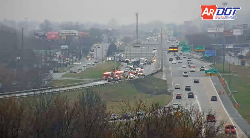 A still from video footage near the interchange between Interstates 30 and 40.