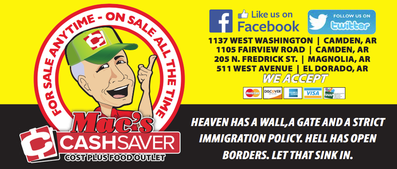 The top of a recent advertisement for Mac's Cash Saver, which includes a message referencing immigration policy. 