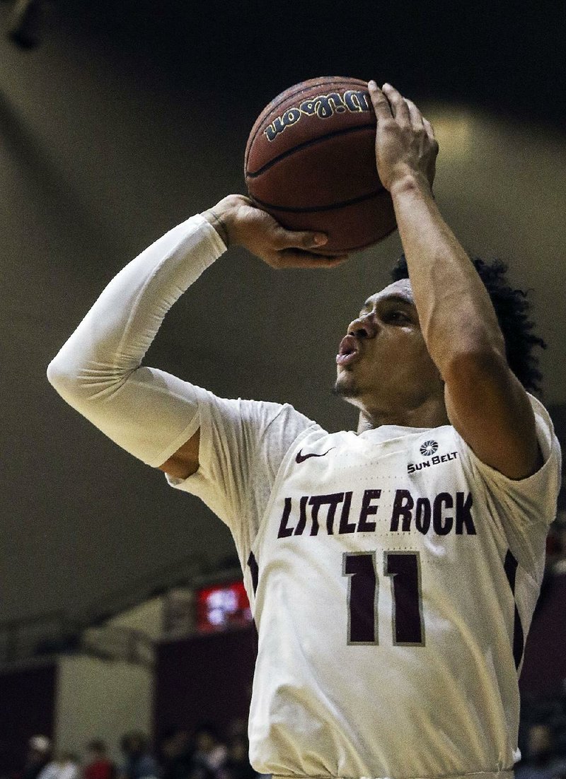 UALR guard Jaizec Lottie (11) has an injured hand and his status for the Trojans’ games against Texas Arlington and Texas State this week is unknown.