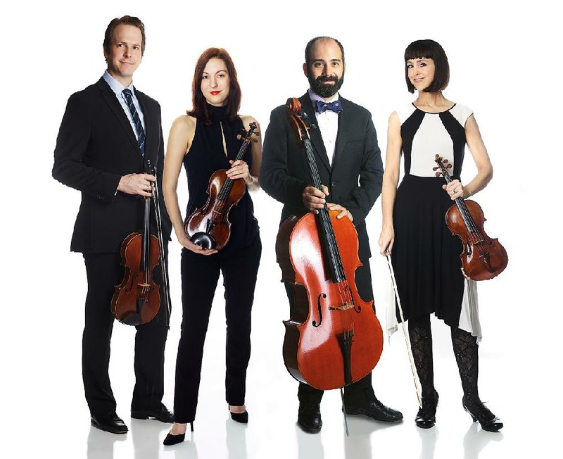 The Quapaw String Quartet — (from left) Ryan Mooney, viola; Charlotte Crosmer, violin; David Gerstein, cello, Meredith Mad- dox Hicks, violin — performs today at the Williams Library in Little Rock. 
