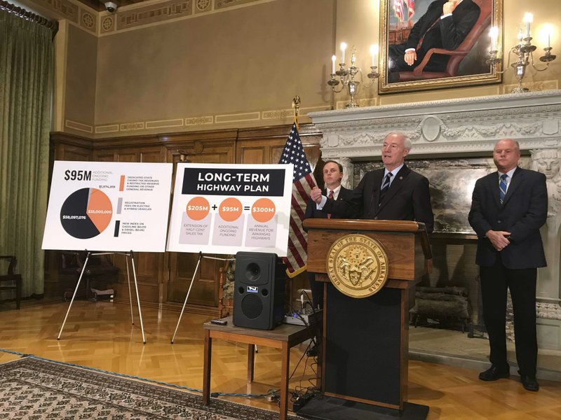 The Associated Press FUNDING PLAN: Arkansas Gov. Asa Hutchinson speaks at the state Capitol in Little Rock, on Monday, about his proposed highway funding plan.