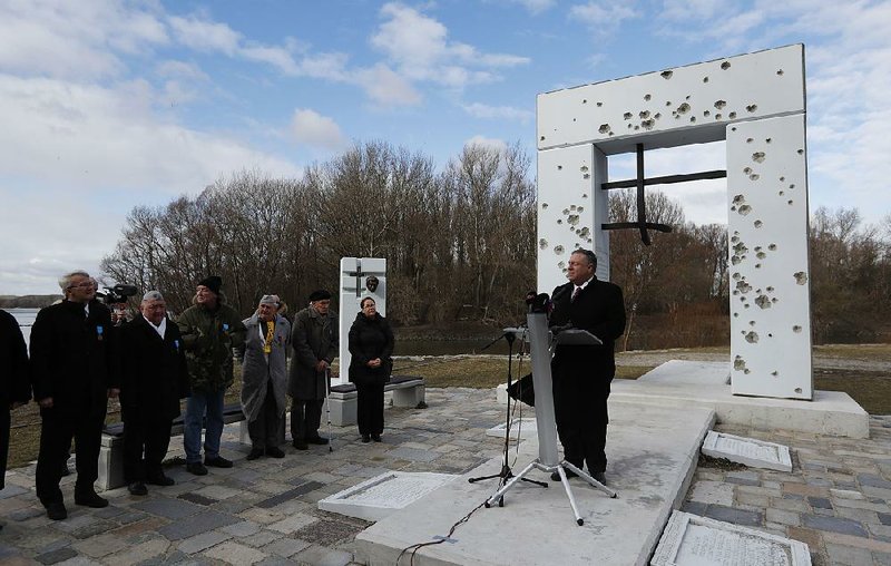 U.S. Secretary of State Mike Pompeo delivers a speech Tuesday at the Freedom Gate memorial in Bratislava, Slovakia. “Russia is not the only nation that seeks to erode sovereignty and freedom in Europe,” Pompeo said. 