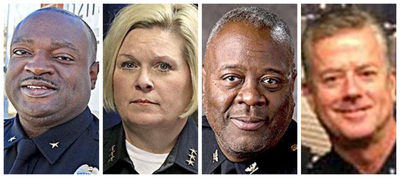 The four finalists for Little Rock police chief are, from left to right, Little Rock Assistant Chiefs Hayward Finks and Alice Fulk, Norman Police Chief Keith Humphrey and retired Los Angeles Police Department Commander Todd Chamberlain.