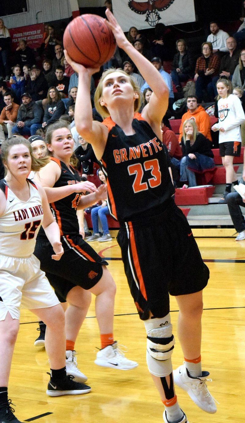 Westside Eagle Observer/MIKE ECKELS Jessica Bookout (Gravette 23) puts up a jumper for two of her 18 points during the third quarter of the Pea Ridge-Gravette conference contest in Pea Ridge Feb. 8.