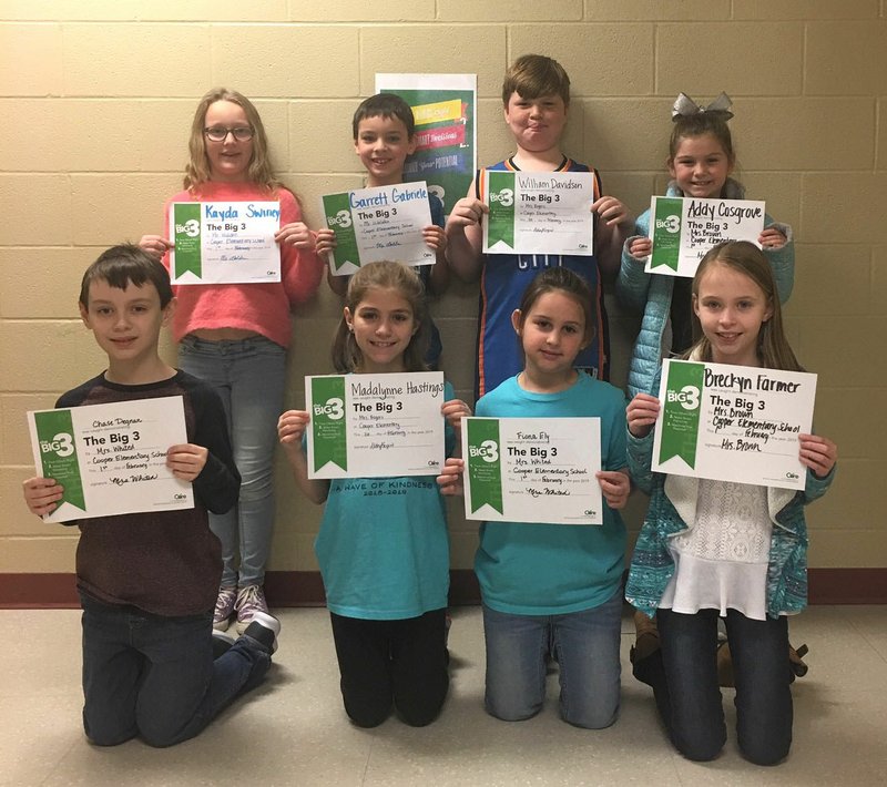 Photo submitted Third- grade students holding their Big 3 awards are: (front, left), Chase Degnan, Madalynne Hastings, Fiona Ely and Breckyn Farmer; (back, left), Kayda Swiney, Garrett Gabriele, William Davidson and Addy Cosgrove. Not pictured is Elijah Bakke.