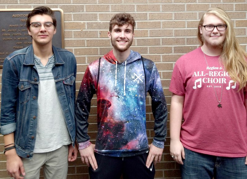 SUBMITTED Three Gentry High School students placed in the 2019 Arkansas all-state mixed choir: Andrew Reynoso, Chair 6, Tenor 1; Hunter Mills, Chair 2, Tenor 2; and Tim Swearingen, Chair 19, Bass 1.