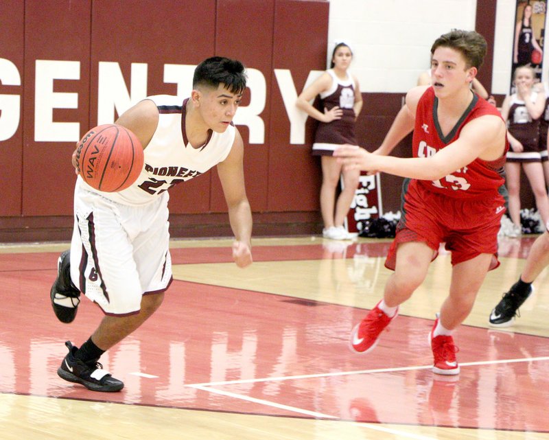 Submitted/BRENTLY WADE Brian Magana, a Gentry junior, brings the ball down the court during the Feb. 5 game against Farmington at Gentry High School.