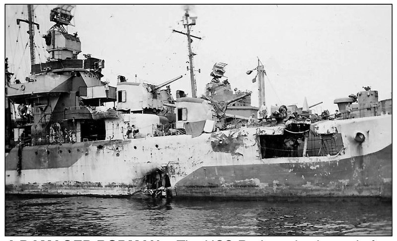 MILITARY PHOTO The heavily damaged USS Rodman is shown following the battles of April 6, 1945.