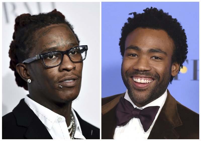 This combination photo shows Young Thug, born Jeffery Lamar Williams, at the 3rd Annual Diamond Ball in New York on Sept. 14, 2017, left, and Donald Glover, who performs as Childish Gambino, at the 74th annual Golden Globe Awards in Beverly Hills, Calif. on Jan. 8, 2017. Young Thug, a co-writer of &#x201c;This Is America,&#x201d; made history alongside Childish Gambino when the social-political hit became the first hip-hop track to win the song of the year at the Grammy Awards. (AP Photo)