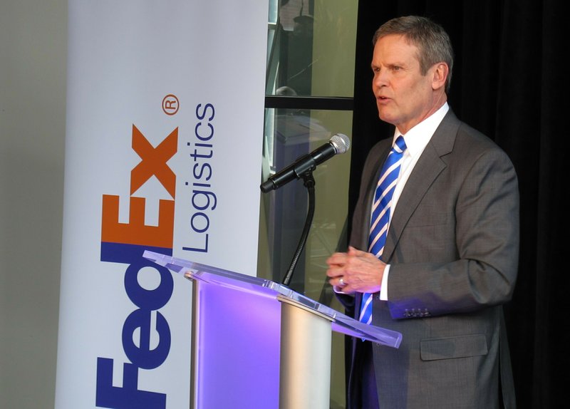 Tennessee Gov. Bill Lee speaks during a news conference announcing that FedEx Logistics is establishing its headquarters in a downtown Memphis building on Tuesday, Feb. 12, 2019, in Memphis, Tenn. (AP Photos/Adrian Sainz)