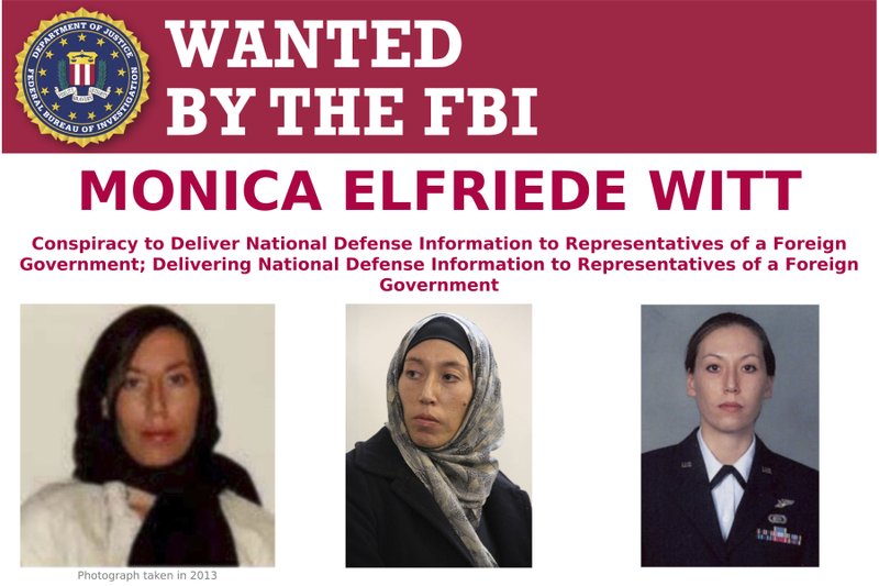 This image provided by the FBI shows part of the wanted poster for Monica Elfriede Witt. The former U.S. Air Force counterintelligence specialist who defected to Iran despite warnings from the FBI has been charged with revealing classified information to the Tehran government, including the code name and secret mission of a Pentagon program, prosecutors said Wednesday, Feb. 13, 2019. (FBI via AP)