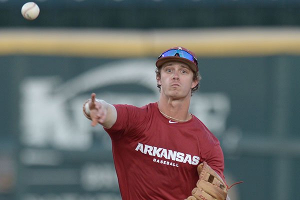 Arkansas shortstop Casey Martin throws during an exhibition game against Wichita State on Friday, Oct. 5, 2018, in Fayetteville. 
