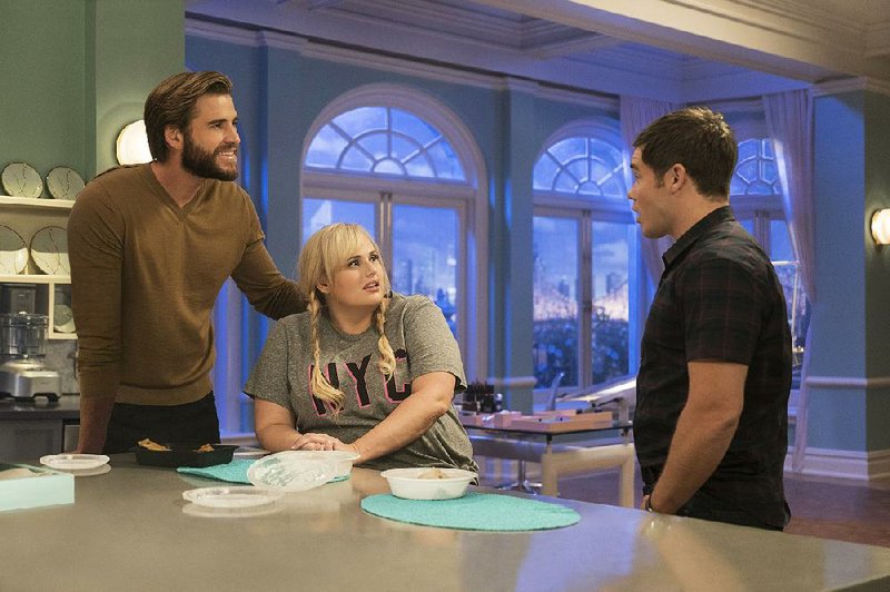 Billionaire Blake (Liam Hemsworth) is enthralled by Natalie (Rebel Wilson) who confides in her friend Josh (Adam Devine) in the high-concept romantic comedy send-up Isn’t It Romantic. 