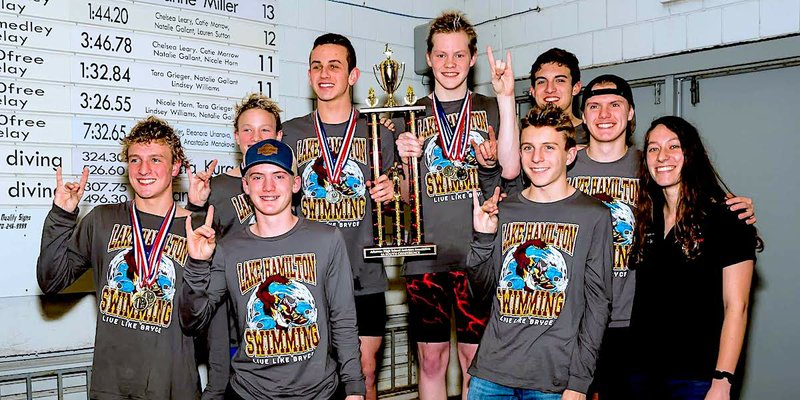 Submitted photo CONFERENCE CHAMPIONS: The Lake Hamilton boys' swim team celebrated Saturday after winning the 5A-South conference meet at Henderson State in Arkadelphia.