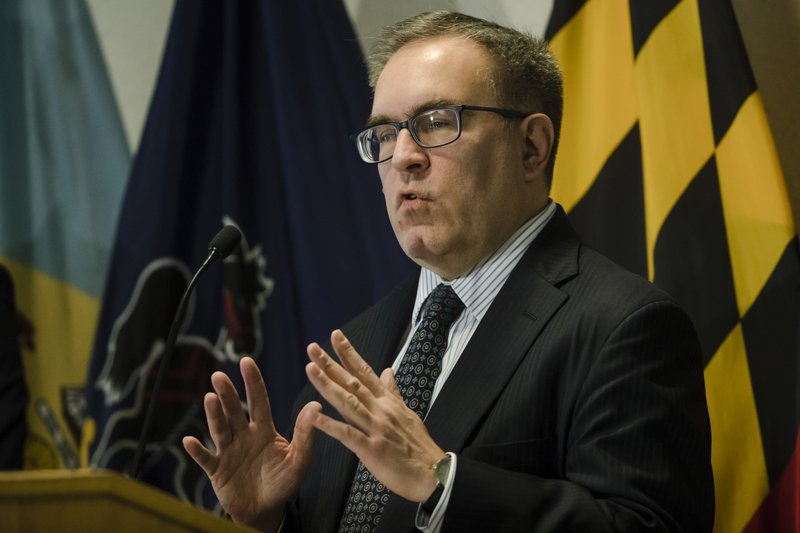 Acting Environmental Protection Agency Administrator Andrew Wheeler speaks during a news conference in Philadelphia, Thursday, Feb. 14, 2019. Under strong pressure from Congress, the Environmental Protection Agency said Thursday that it will move ahead this year with a process that could lead to setting a safety threshold for a group of highly toxic chemicals in drinking water. (AP Photo/Matt Rourke)