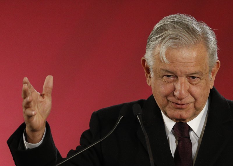 FILE - In this Jan. 9, 2019 file photo, Mexican President Andres Manuel Lopez Obrador speaks during a press conference in Mexico City. Lopez Obrador announced on Friday, Feb. 15, 2019, a $3.9 billion bailout for the cash-strapped state-owned Pemex oil company. (AP Photo/Rebecca Blackwell, File)