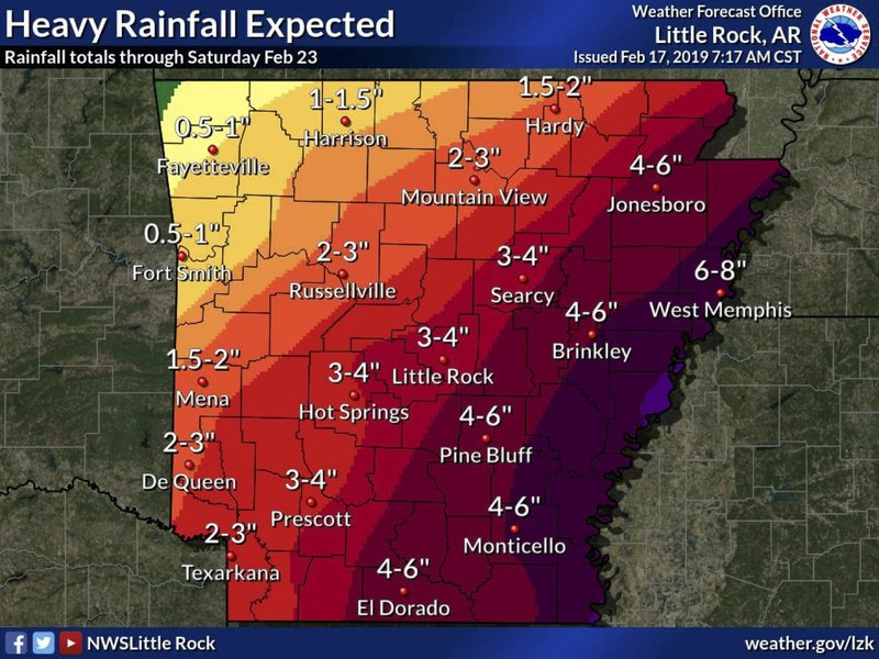 This National Weather Service graphic shows forecasted rainfall totals across Arkansas through Feb. 23. 