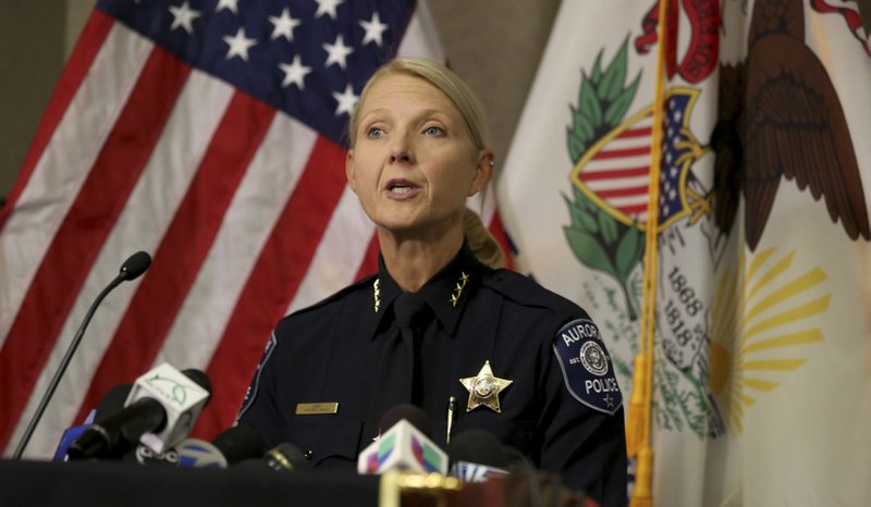 Aurora Police Chief Kristen Ziman speaks at a news conference Friday, Feb. 15, 2019, in Aurora, Ill., about the shootings at a manufacturing company in the city. Several people were killed and several police officers injured, police say, before the gunman, an employee of the company, was fatally shot. (Patrick Kunzer/Daily Herald via AP)