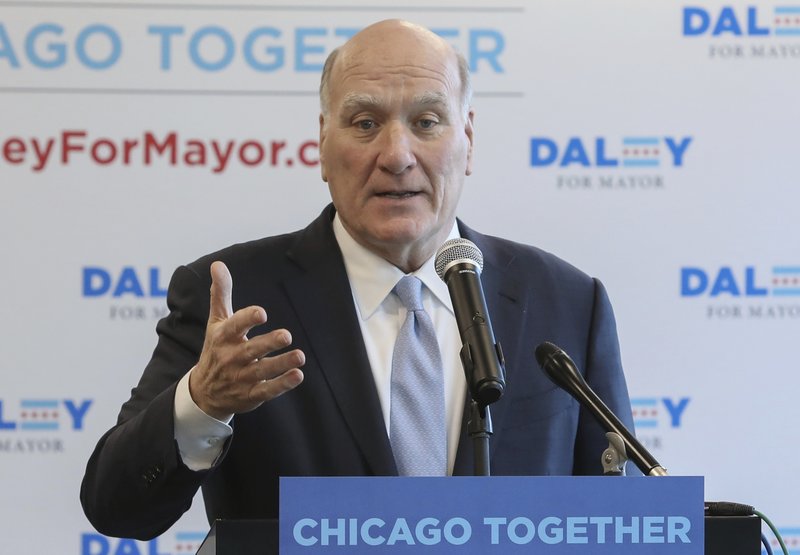 FILE - In this Feb. 8, 2019 file photo, Bill Daley speaks during a news conference in Chicago. Reform has long been a dirty word among Chicago politicians, who have well-known reputations for throwing contracts to favored businesses and dealing in patronage. But after the 2014 murder of a black teenager by a police officer and corruption charges filed against a powerful alderman, the word is now on the lips of the 14 candidates running for mayor. (AP Photo/Teresa Crawford)